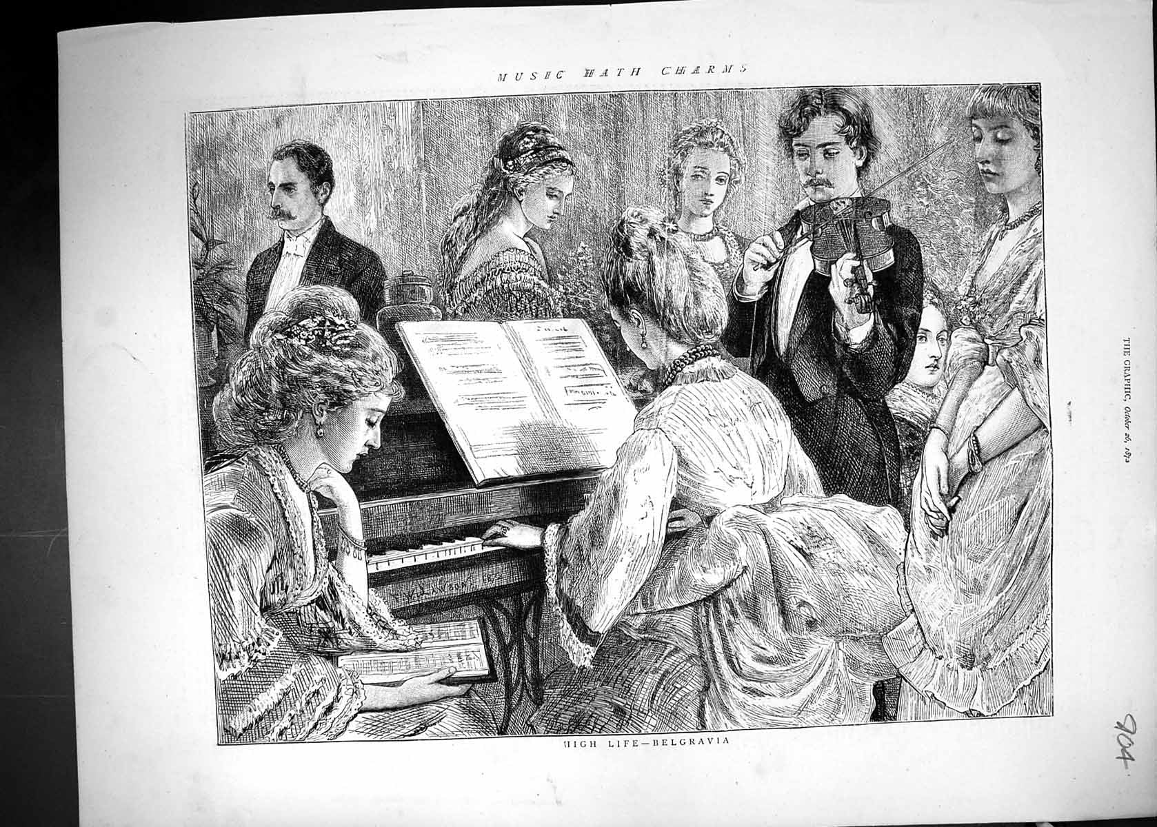 Old Antique Print 1872 High Life Belgravia Music Instruments Piano Violin 19th