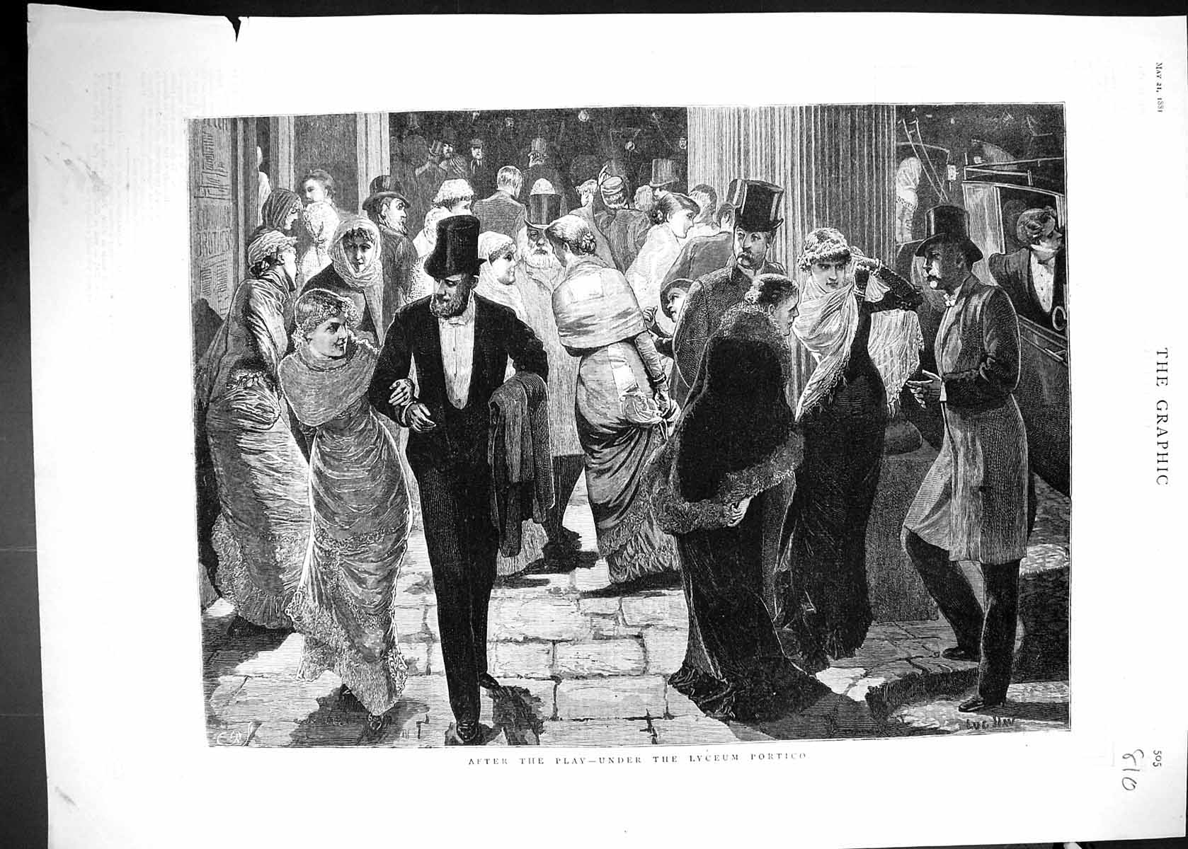 Original Old Antique Print 1881 Lyceum Theatre Portico Spectators Entertainment