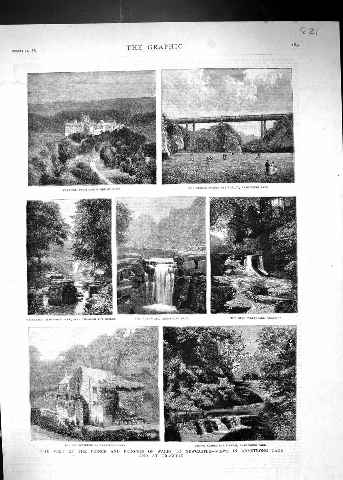 Old Print 1884 Prince Wales Newcastle Armstrong Park Cragside Water-Mill 19th