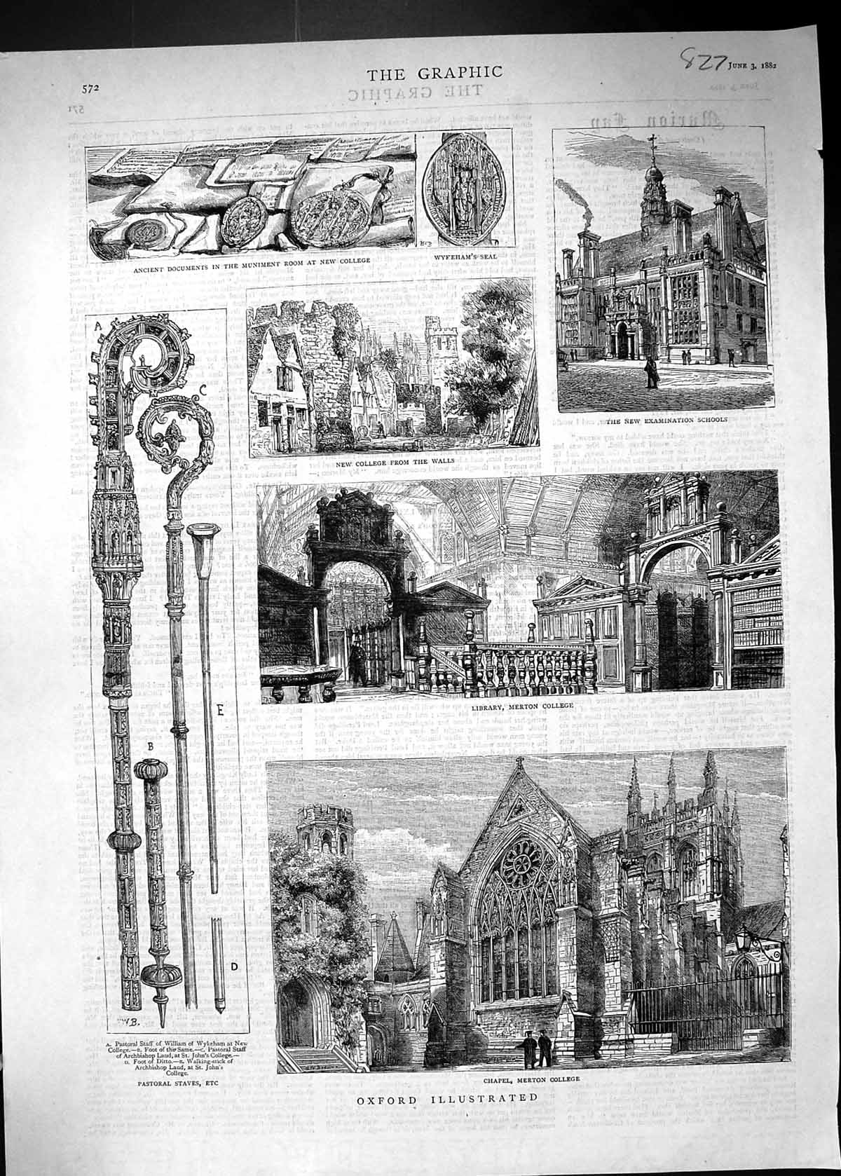 Old 1882 Oxford Chapel Merton College Library Pastoral Staves School Victorian