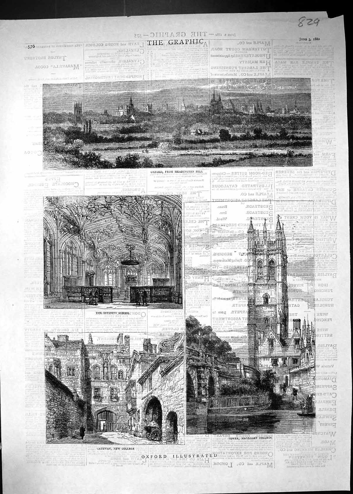 Antique Print 1882 Oxford Divinity School Magdalen College Headington Hill 19th