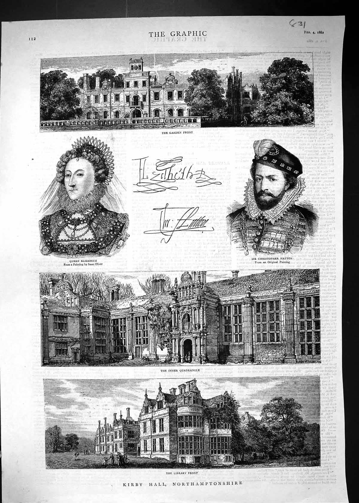 Old Print 1882 Kirby Hall Northamptonshire Library Queen Elizabeth Hatton 19th