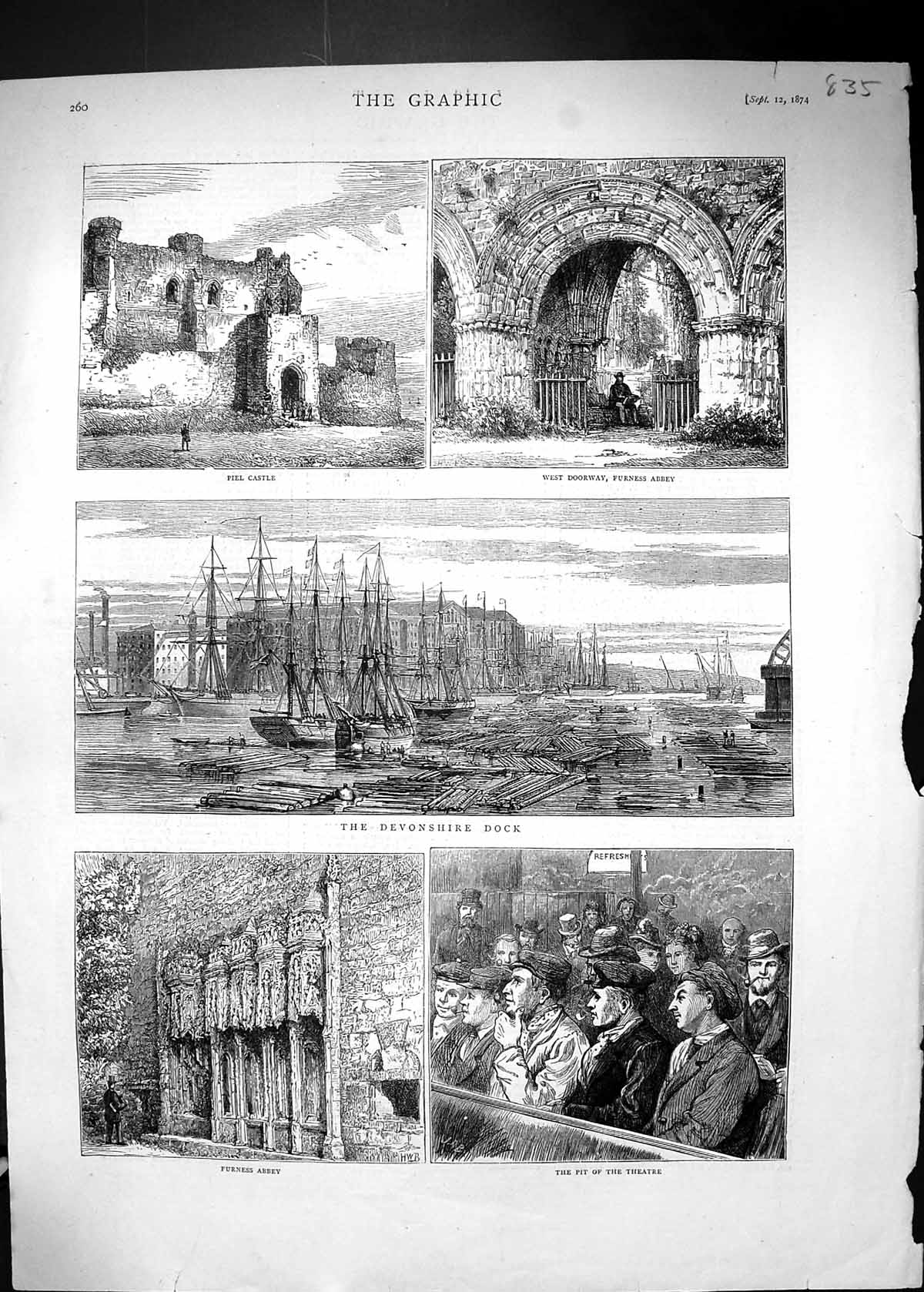 Antique Print 1874 Devonshire Dock Ships Furness Abbey Theatre Peel Castle 19th