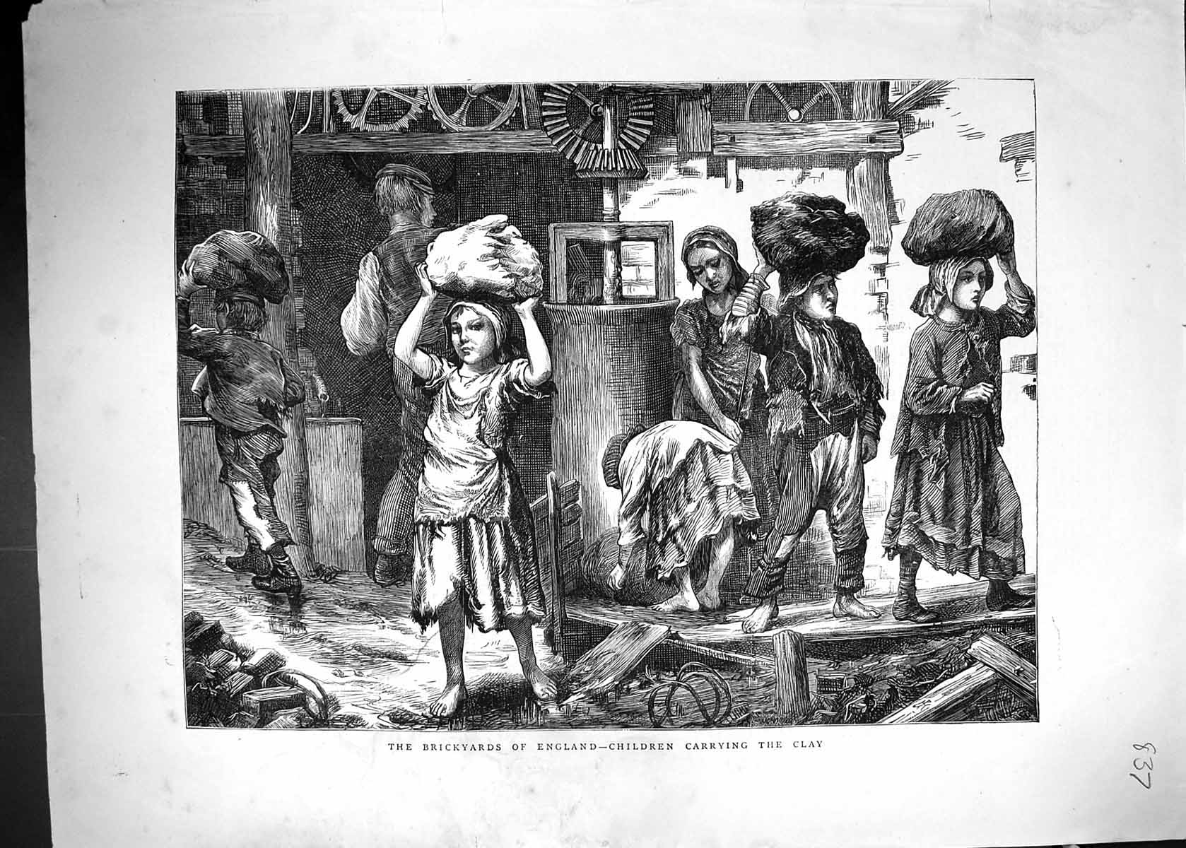Original Old Antique Print 1871 Brickyards England Children Carrying Clay 19th
