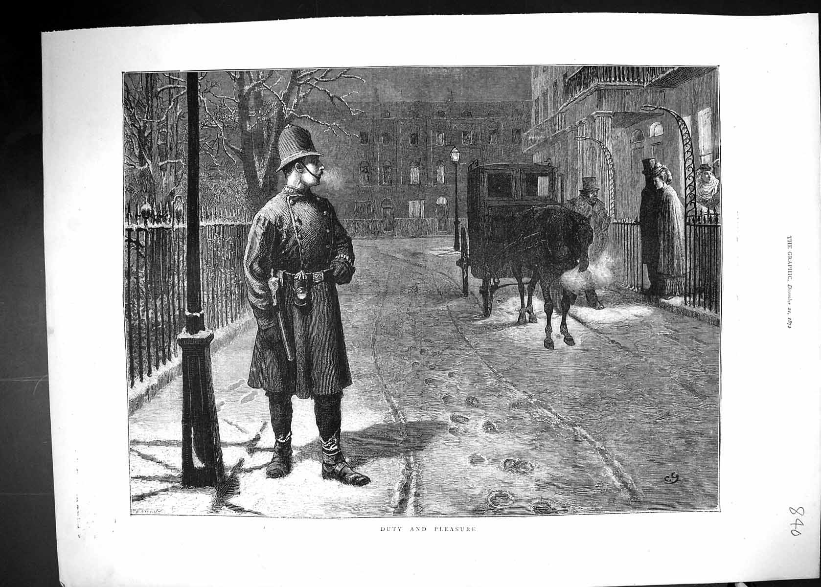 Old Print 1872 Duty Pleasure Policeman Street Scene Winter Snow Transport 19th