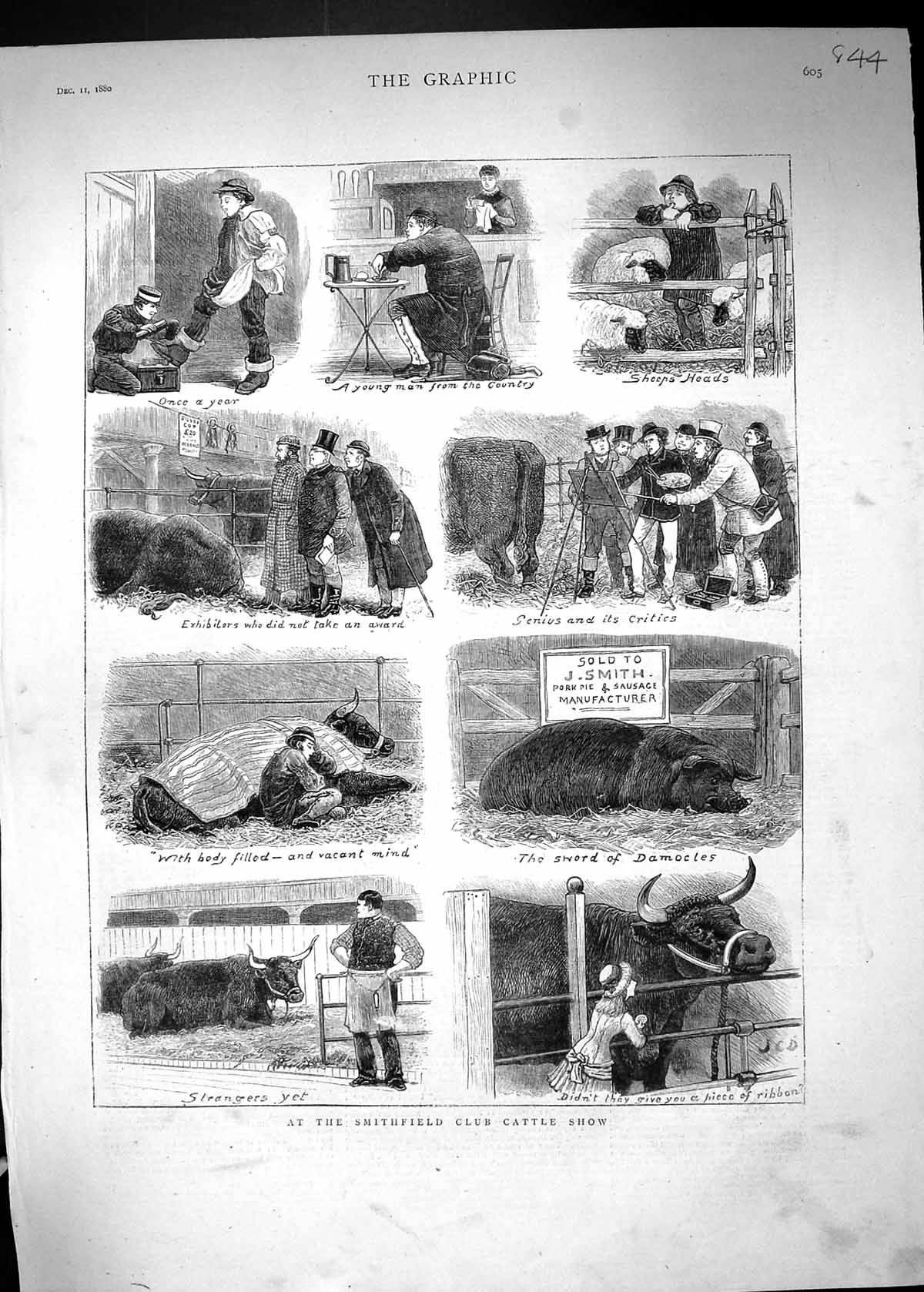 Antique Old Print 1880 Smithfield Lcub Cattle Show Pig Smith Sheep Exhibitors