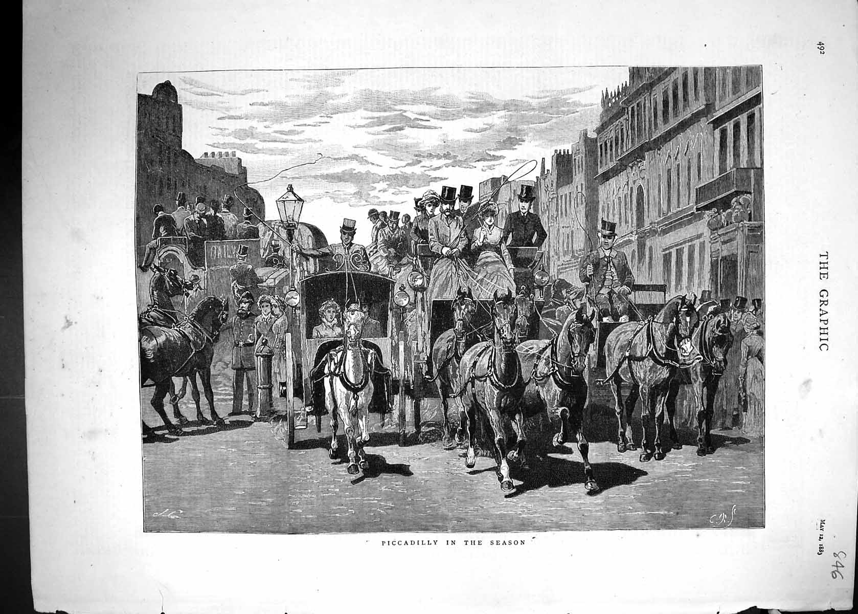 Old Antique Print 1883 Piccadilly Season London Horses Coaches Transport 19th