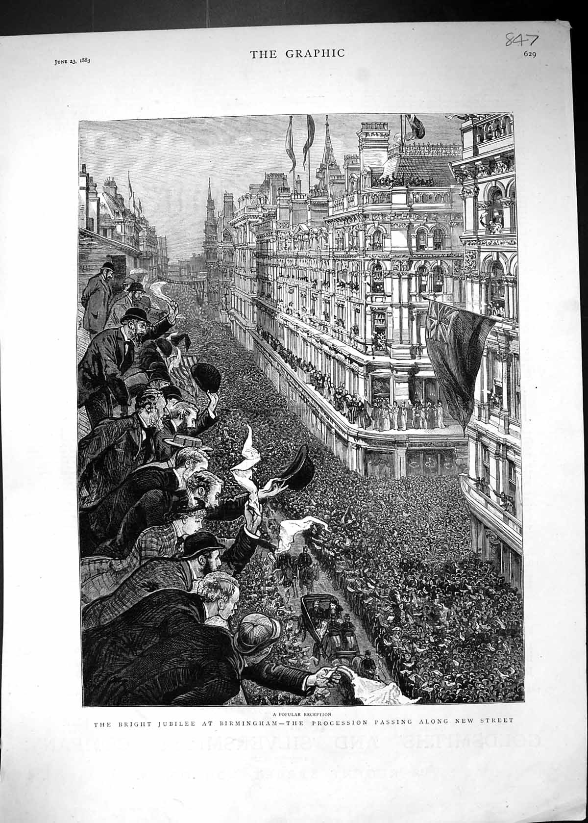Antique Old Print 1883 Jubilee Birmingham Procession New Street Architecture