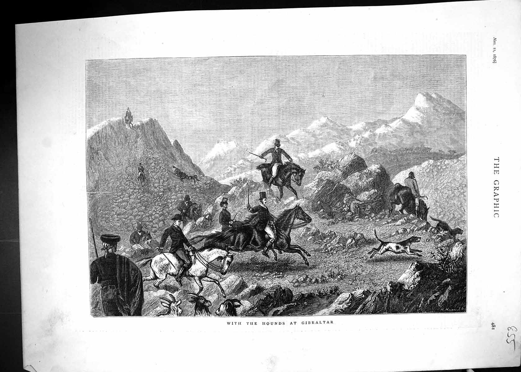 Antique Old Print 1876 Hunting Hounds Dogs Gibraltar Horses Sport Huntsmen 19th