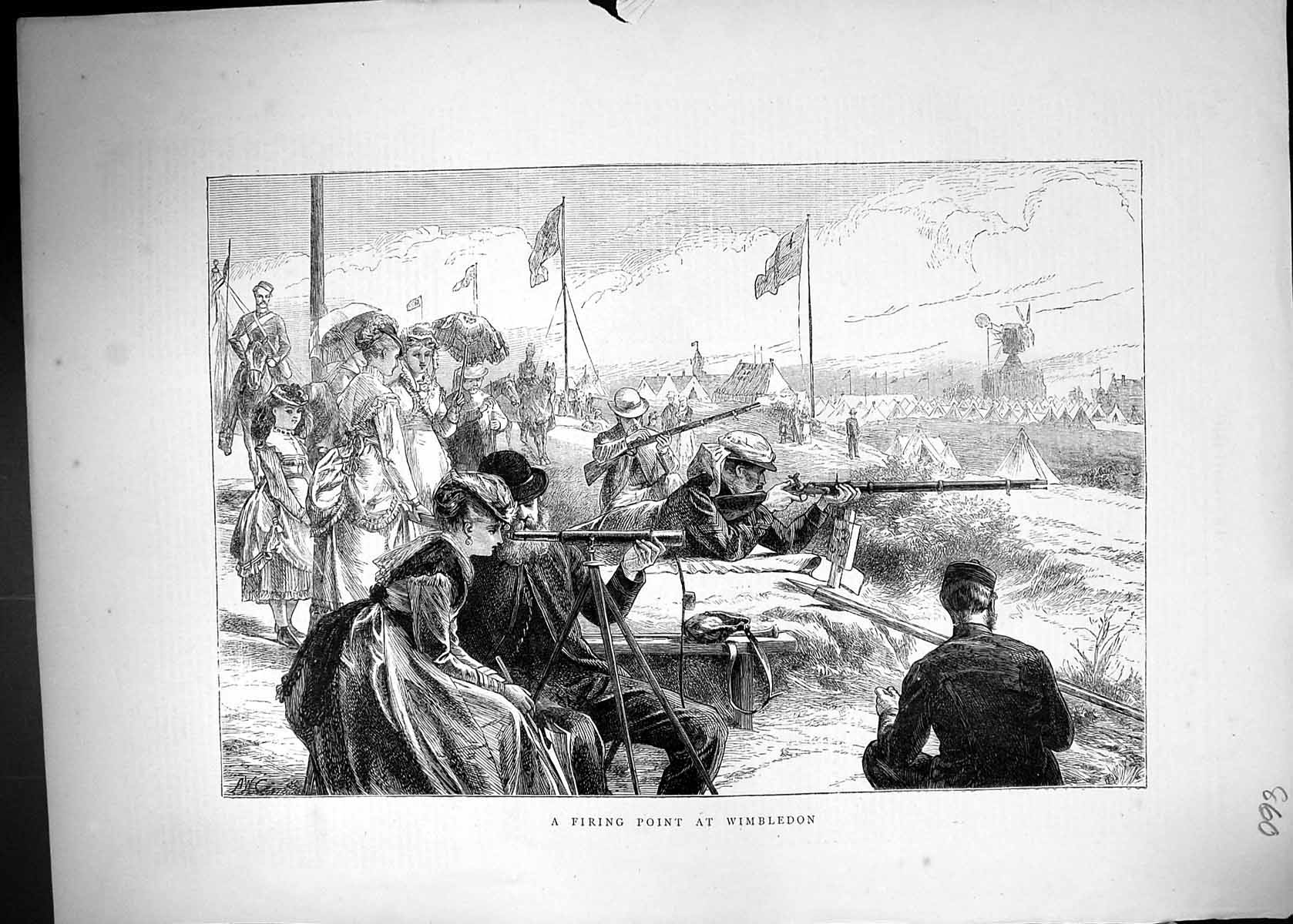 Original Old Antique Print 1870 Rifle Shooting Firing Point Wimbledon Sport