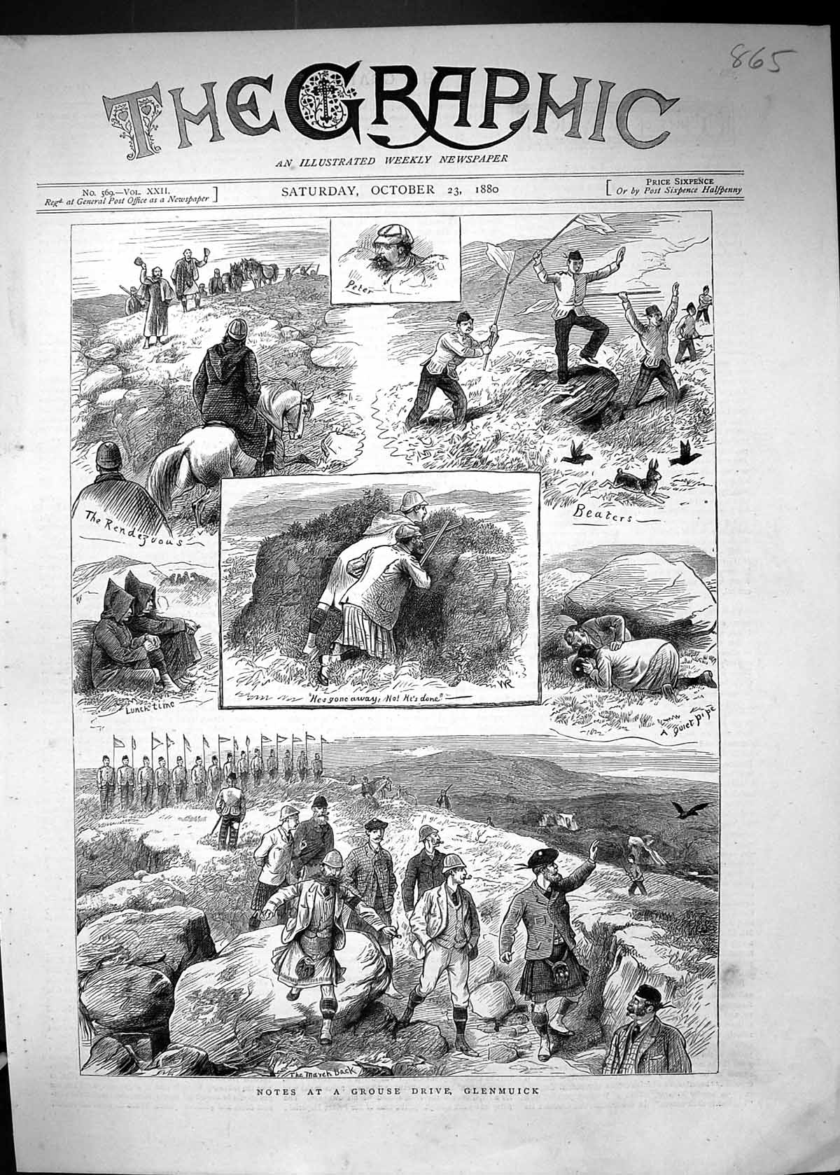 Antique Old Print 1880 Grouse Drive Glenmuick Scotland Peter Beaters Hunting