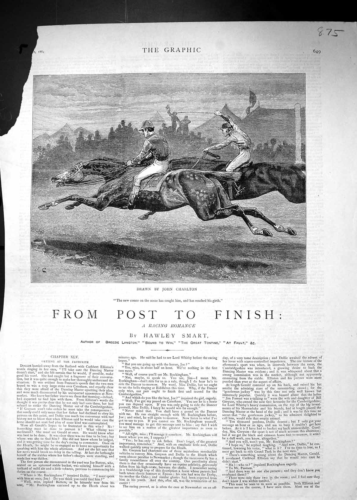 Antique Old Print 1884 Story Illustration Horse Racing Jockeys Charlton Smart