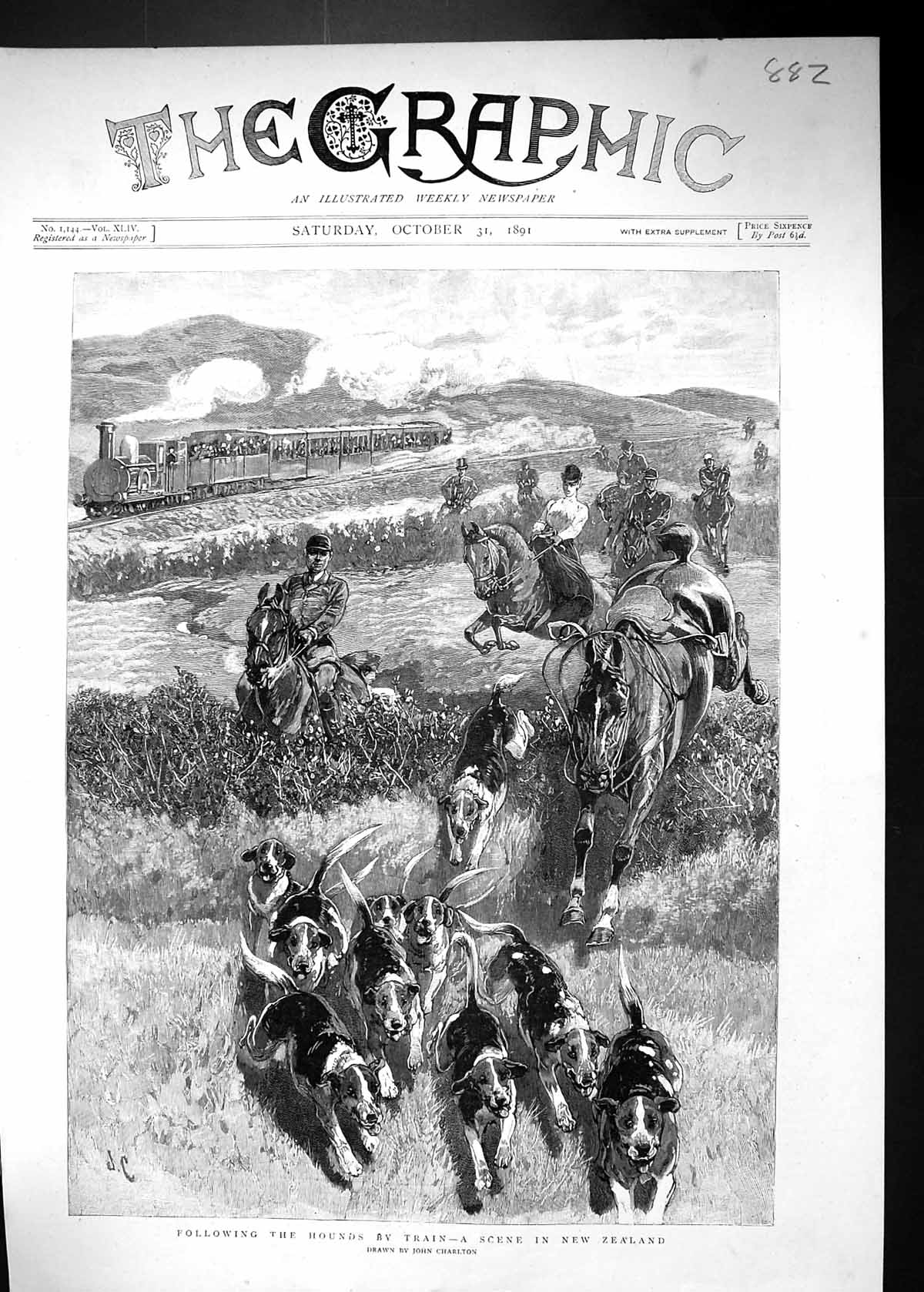 Antique Print 1891 New Zealand Hunting Hounds Dogs Horses Huntsmen Charlton