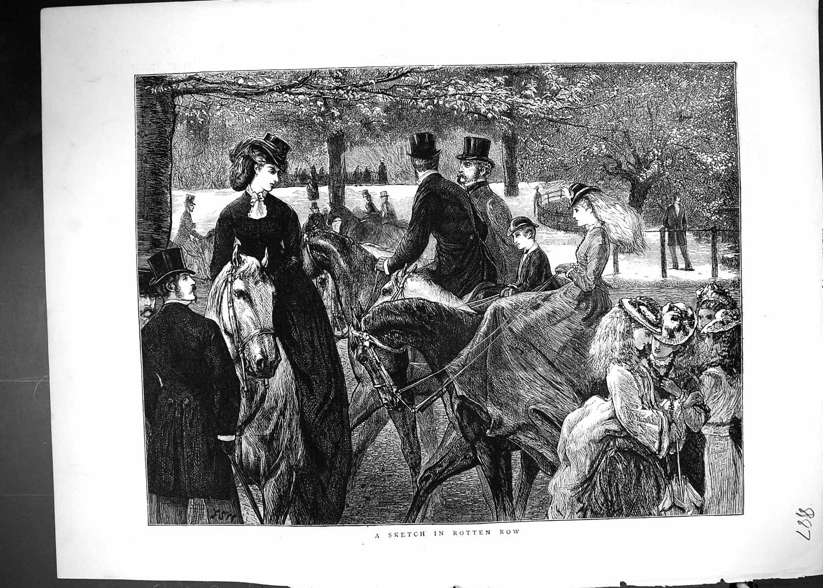 Antique Old Print 1872 Scene Rotten Row Horses Riders Children London Hunting