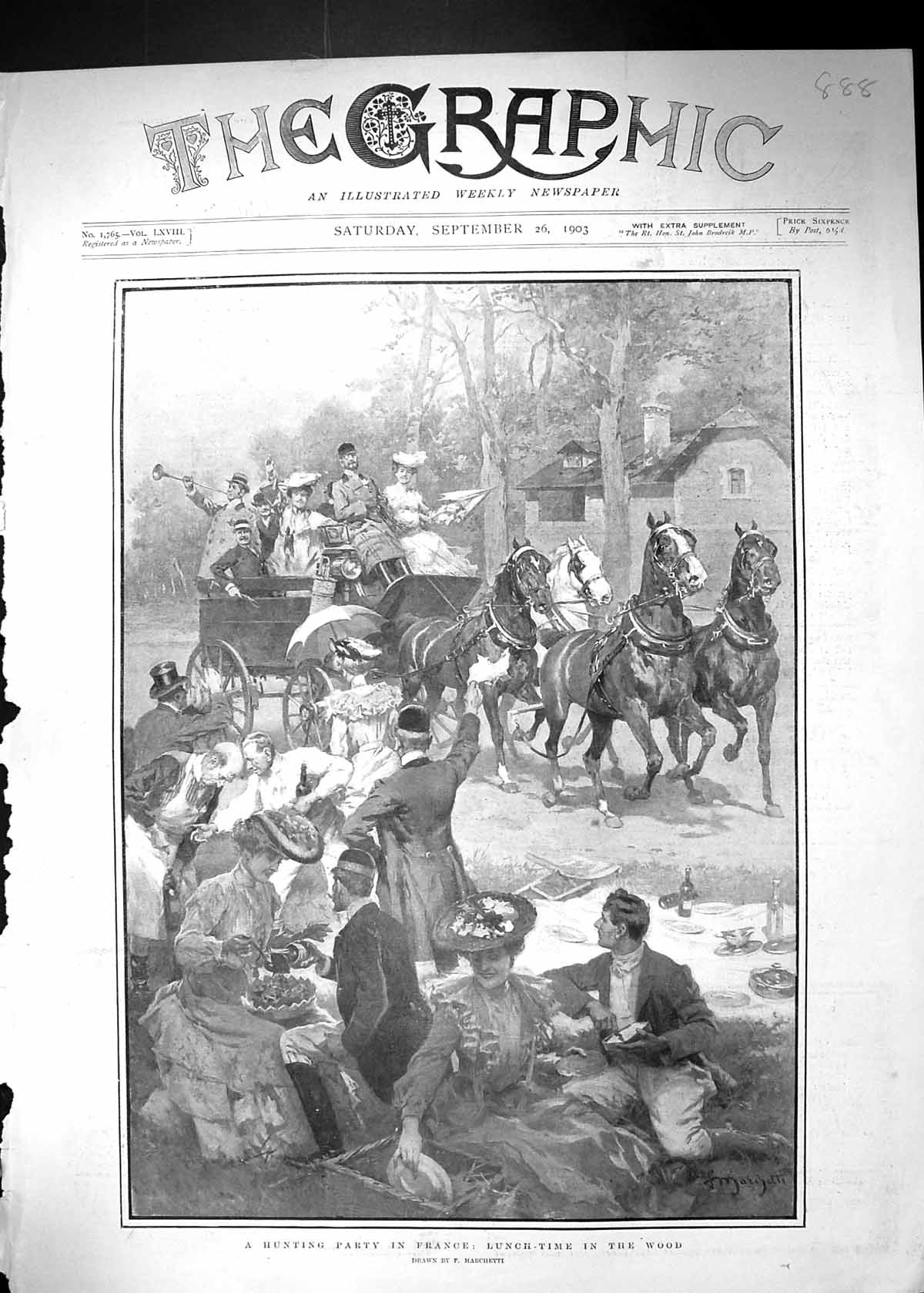 Original Old Antique Print 1903 Hunting Party France Lunch-Time Wood Marchetti