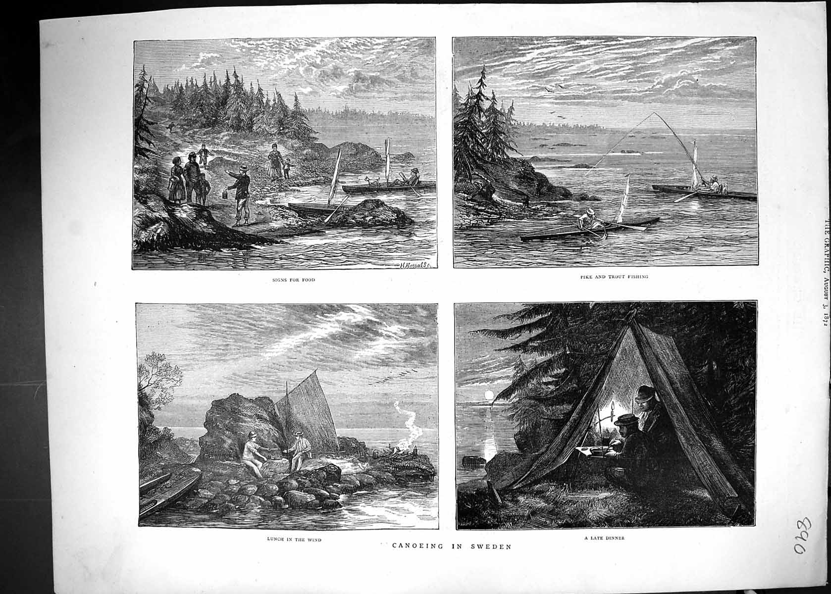Old Print 1872 Canoeing Sweden Pike Trout Fishing Dinner Camp Tent Sport 19th