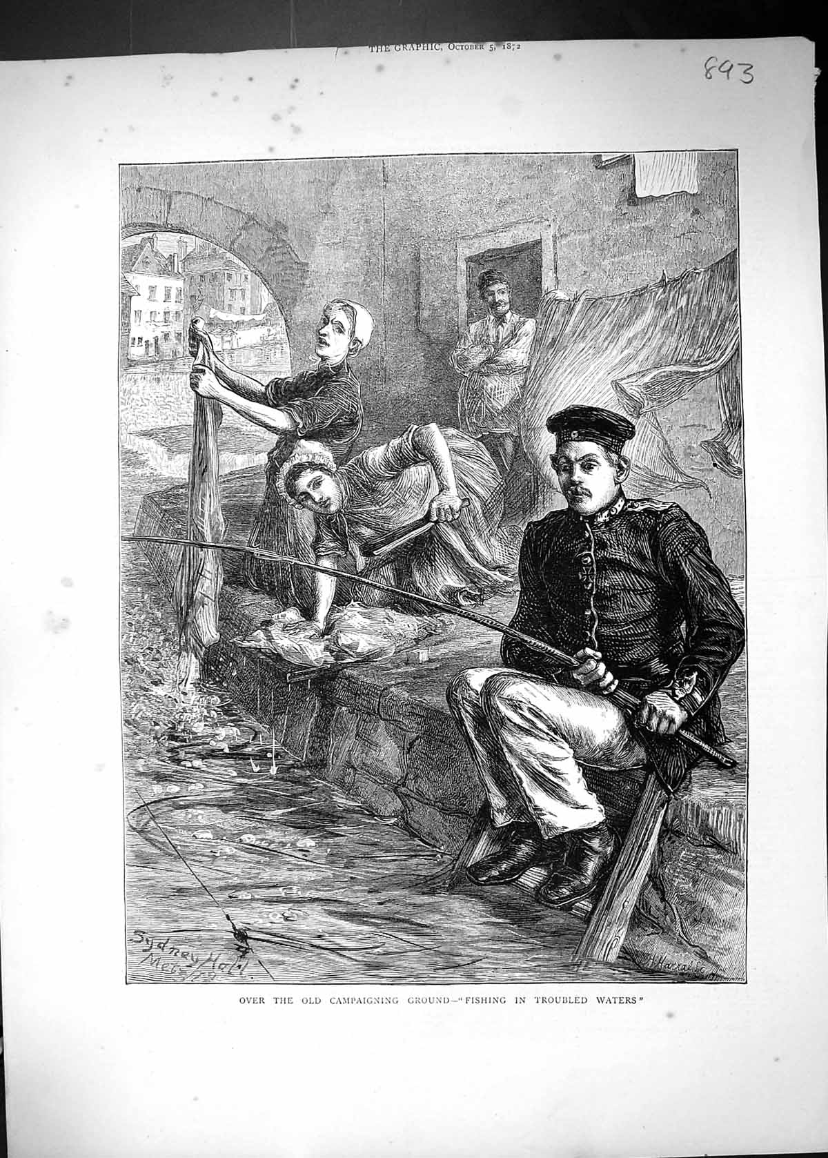 Antique Old Print 1872 Sier Fishing River Women Washing Clothes Sydney Hall