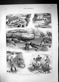 Antique Print 1877 Angling Excursion Nova Scotia Fishing River Canoes Sport
