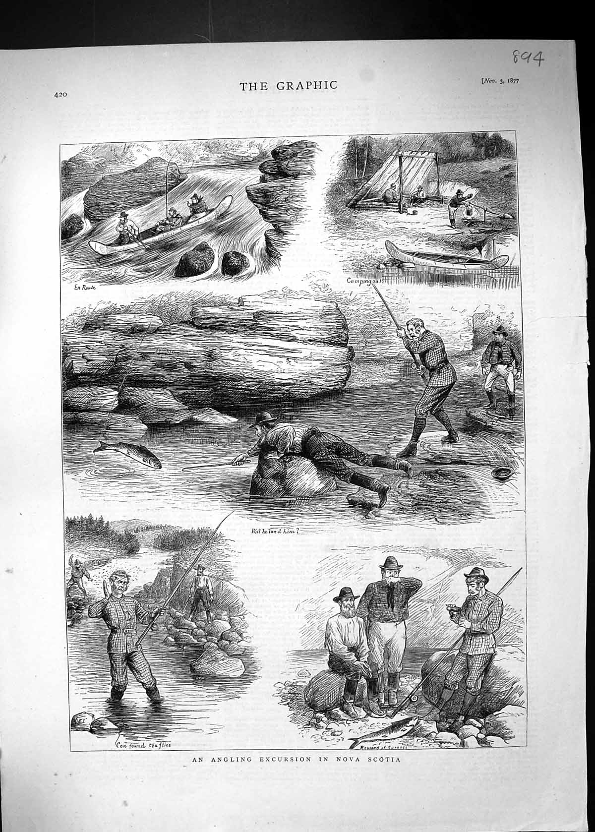 Antique Print 1877 Angling Excursion Nova Scotia Fishing River Canoes Sport