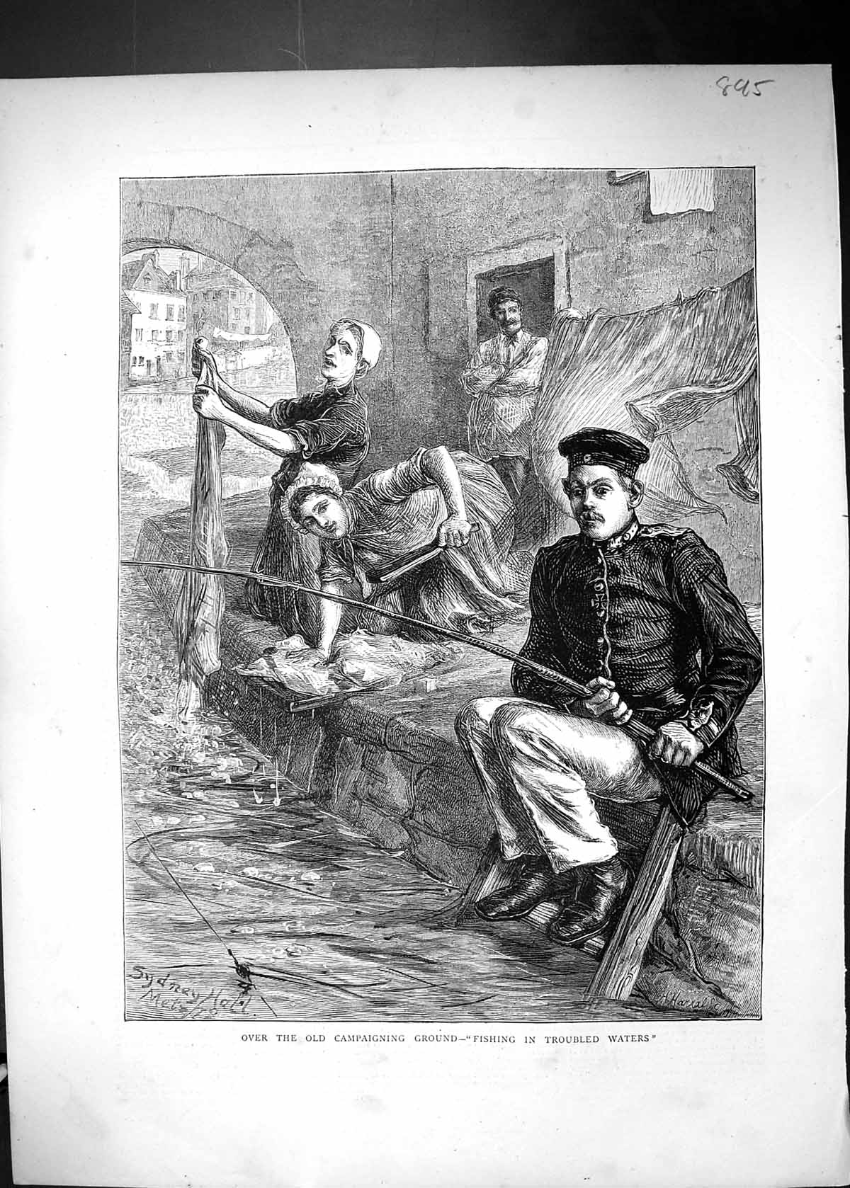 Old Print 1872 Sier Fishing River Women Washing Clothes Sydney Hall Ref. 19th