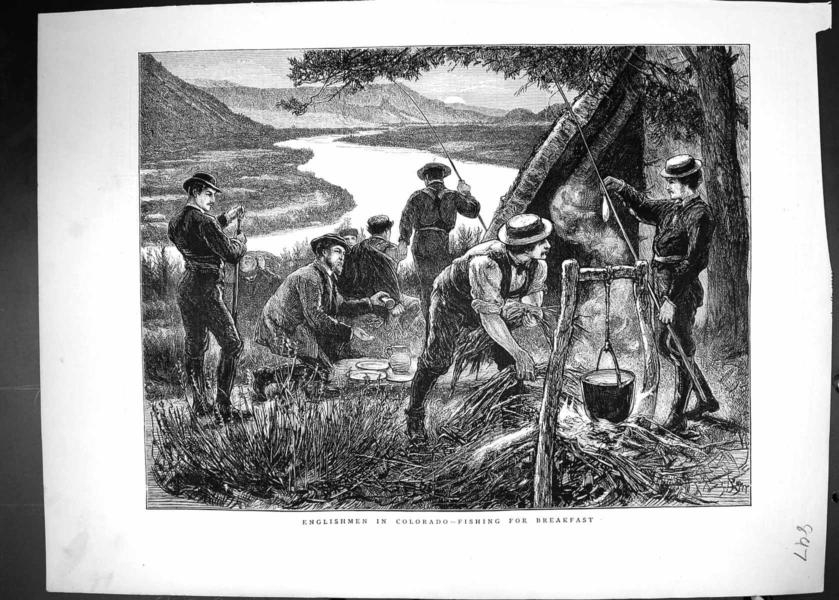 Antique Old Print 1872 Englishmen Colorado Fishing Breakfast Sport Mountains