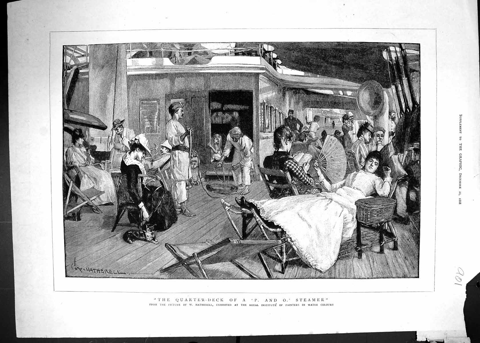 Antique Old Print 1888 Quarter-Deck P And O Steamer Ship Passengers Hatherell