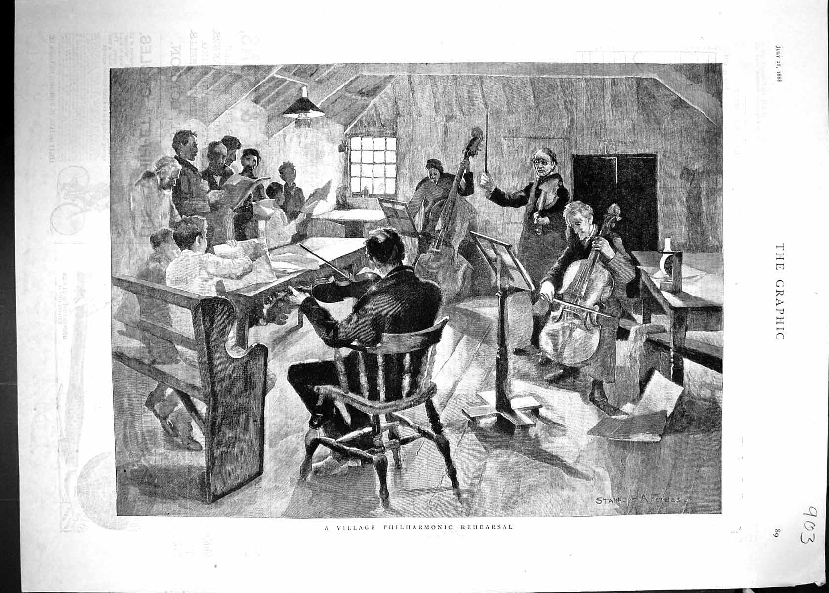 Old Print 1888 Village Philharmonic Rehearsal Music Concert Entertainment 19th