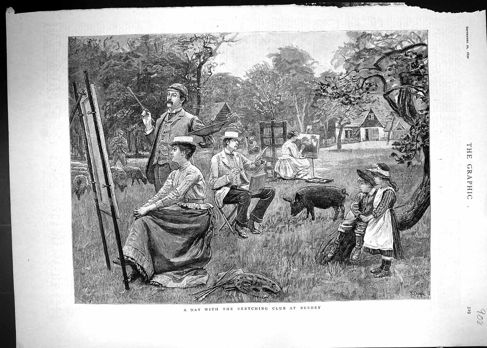 Antique Print 1890 Sketching Painting Club Bushey Artist Country Pigs Sheep