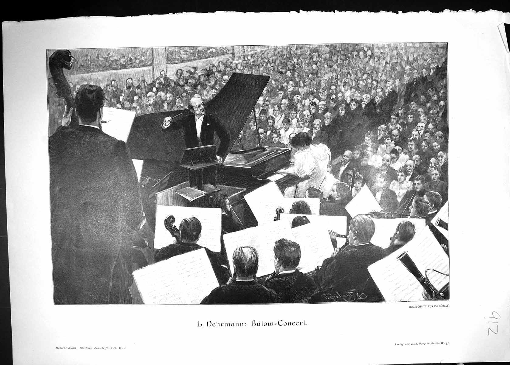 Original Old Antique Print Dehrmann Bulow Concert Music Entertainment Germany