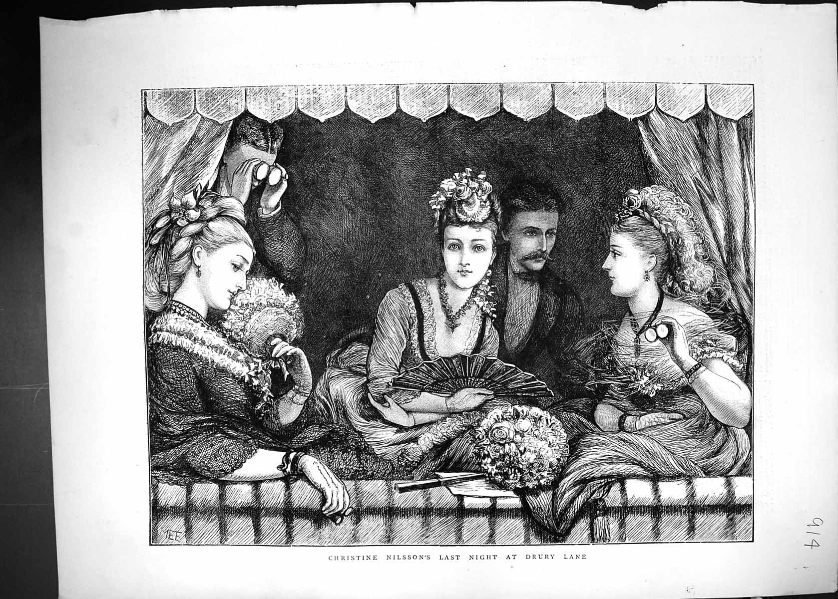 Original Old Antique Print 1872 Christine Nilsson Drury Lane Theatre Spectators