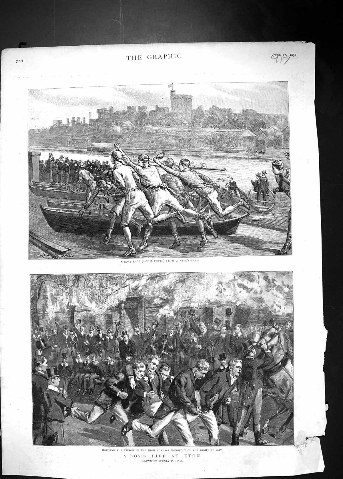 Antique Print 1891 Boys School Eton College Boat Race Hoisting Victor Hall 19th