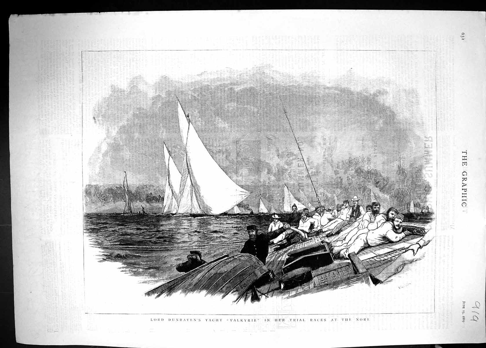 Antique Old Print 1889 Lord Dunraven Yacht Valkyrie Trial Races Nore Sailing