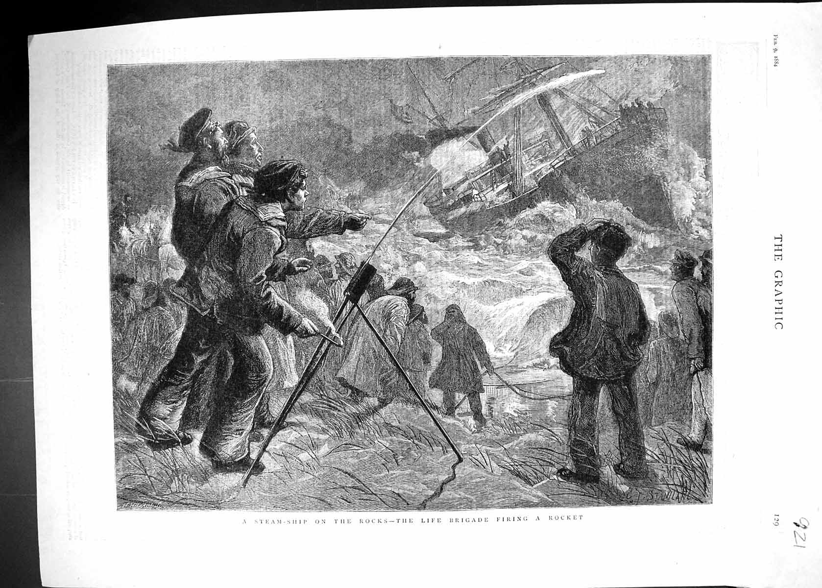 Old 1884 Rescue Steam Ship Rocks Life Brigade Firing Rocket Stormy Se Victorian