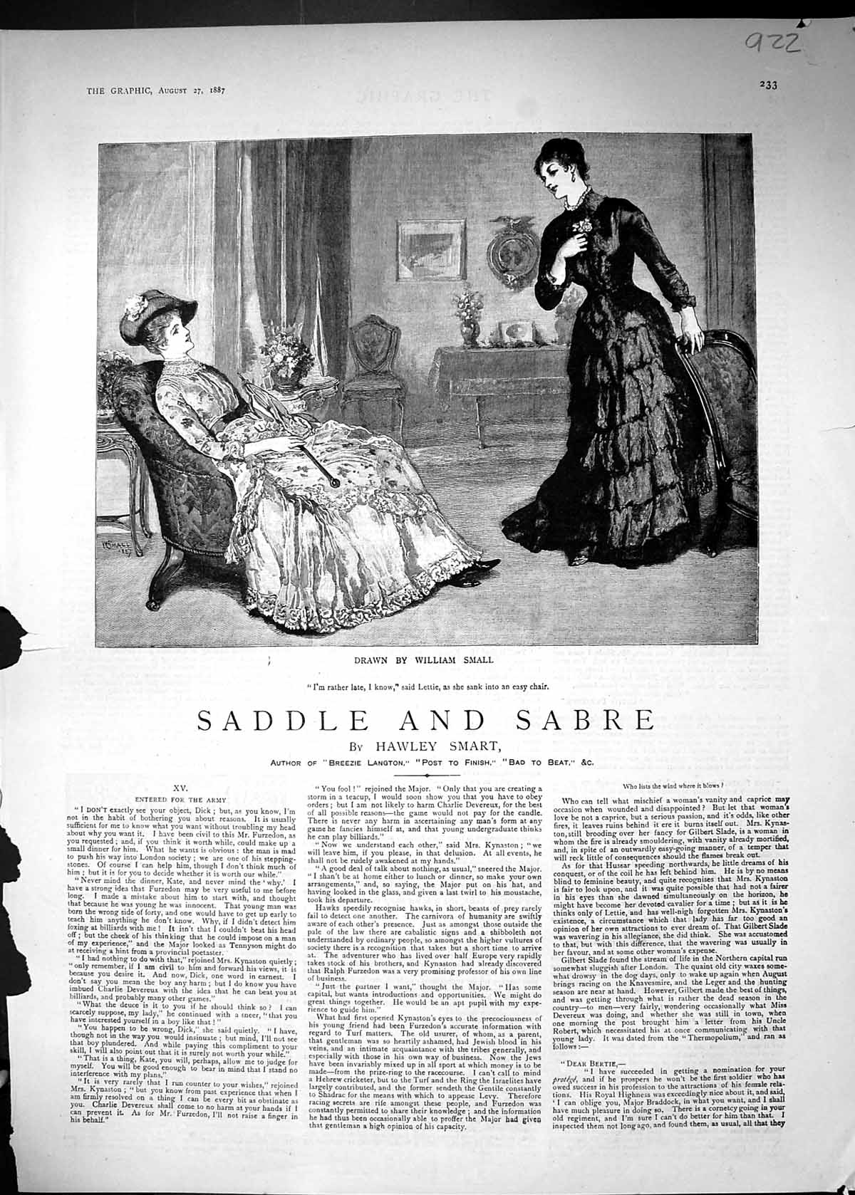 Old Print 1887 Story Illustration Saddle Sabre Ladies William Small Smart 19th
