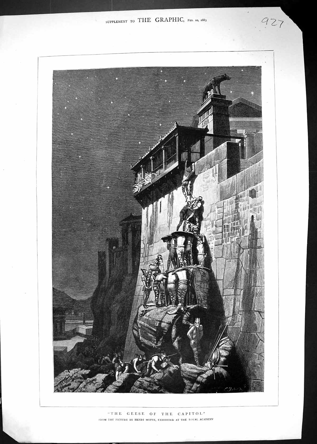 Old Antique Print 1883 Geese Capitol Tower Men Climbing Wall Henri Motte 19th