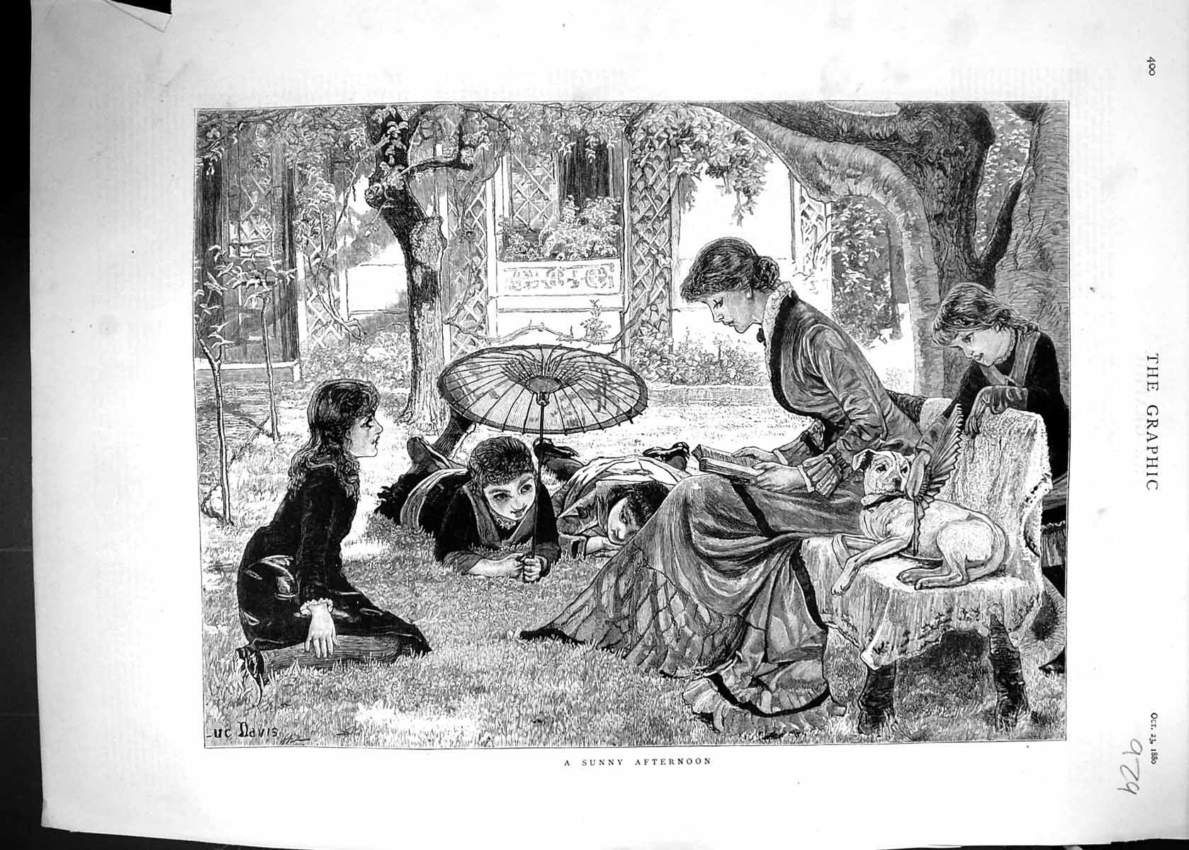 Old Antique Print Davis 1880 Sunny Afternoon Scene Garden Family Children 19th