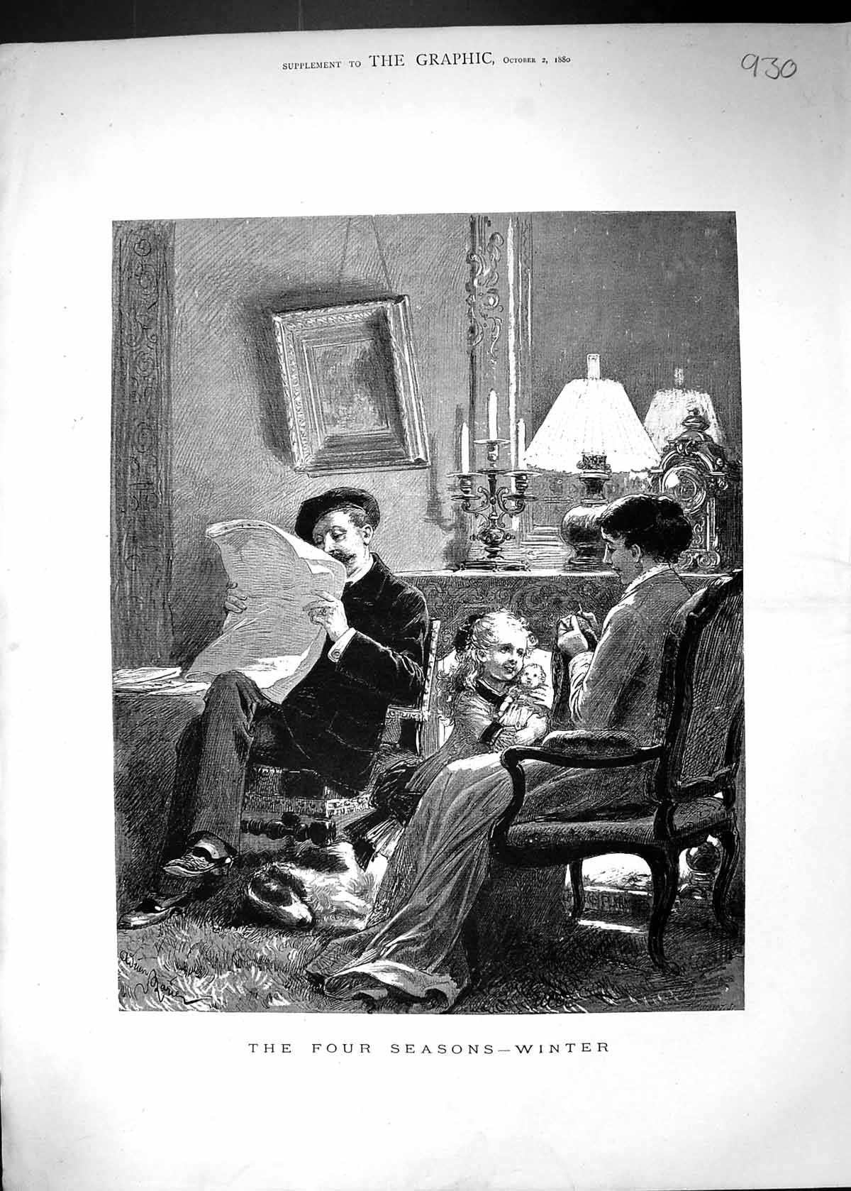 Old Antique Print 1880 Four Seasons Winter Family Home Furniture Pet Dog 19th