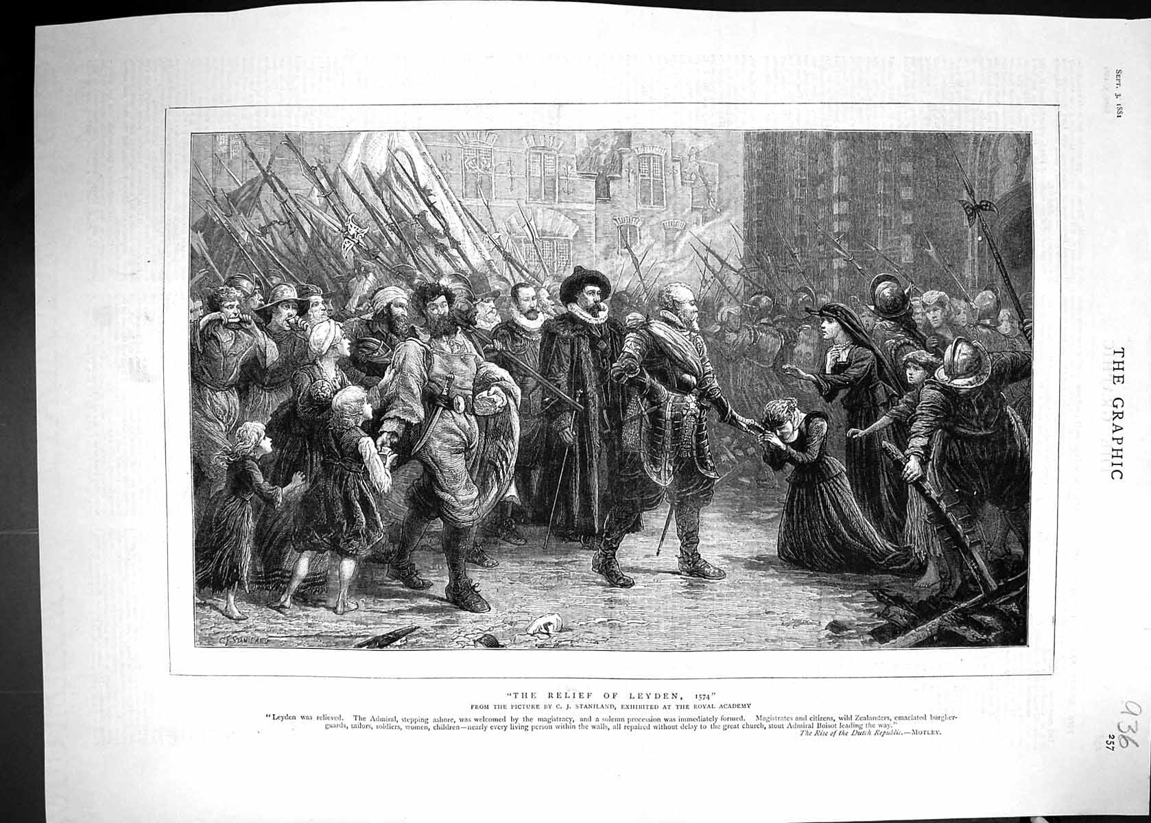 Antique Old Print 1881 Scene Relief Leyden Admiral Zealanders Sailors Siers