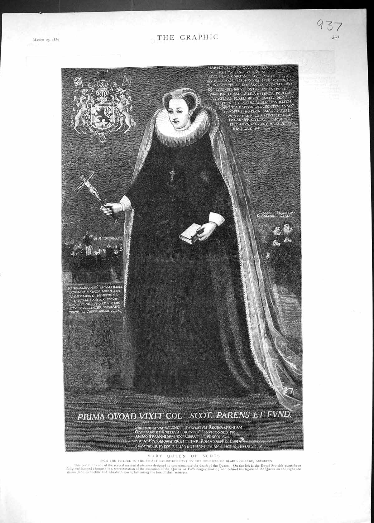 Old Antique Print 1889 Mary Queen Scots Royal Scottish Escutcheon Curle 19th