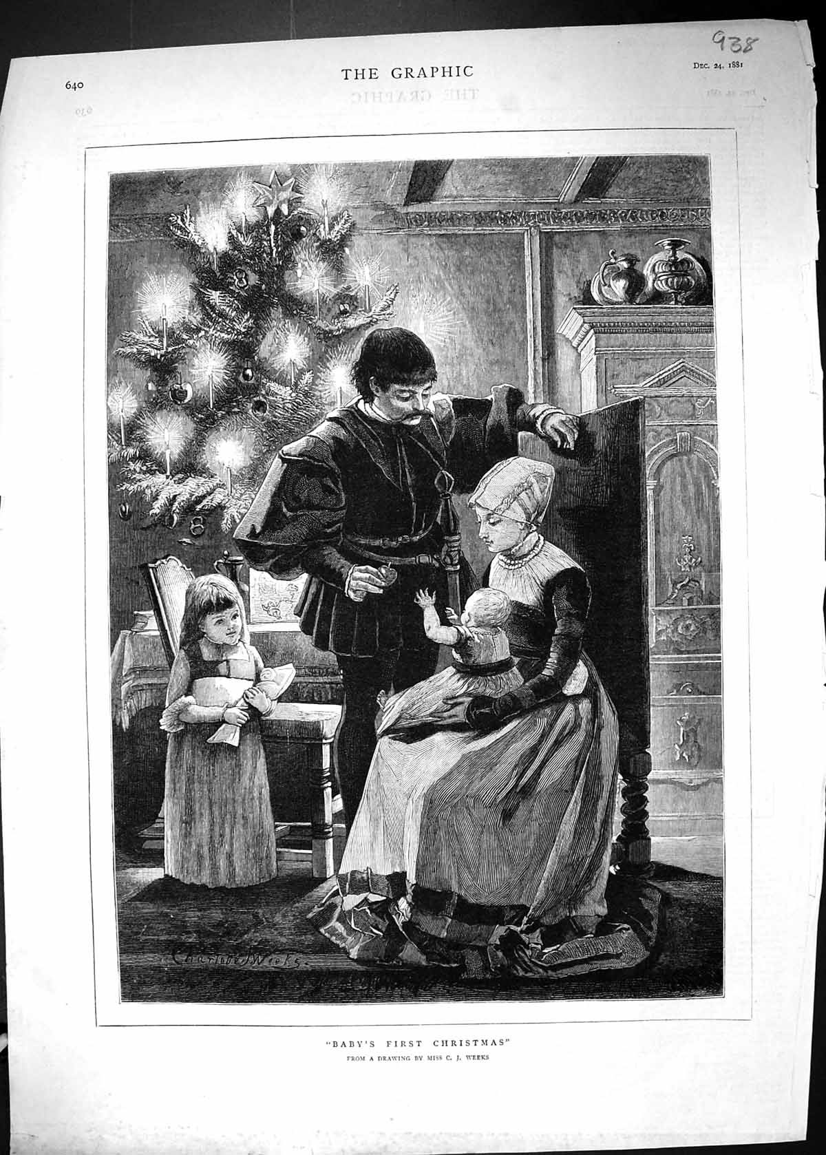 Antique Old Print 1881 Baby'S First Christmas Family Home Tree Charlene Weeks