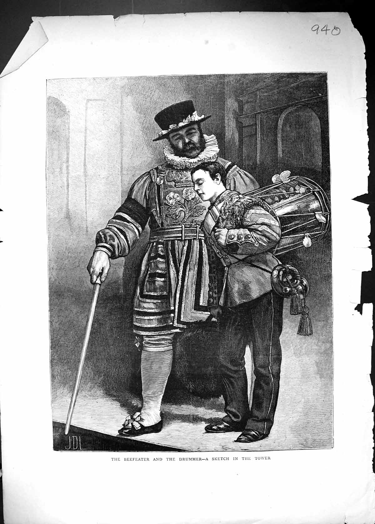 Original Old Antique Print Portrait Beefeater Drummer Tower London England 1871
