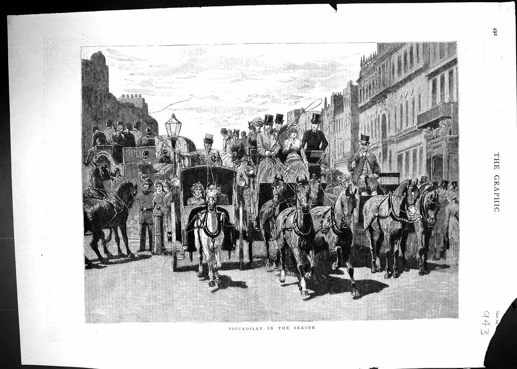 Antique Print Street Scene Piccadilly London Coaches Horses Transport 1883 19th