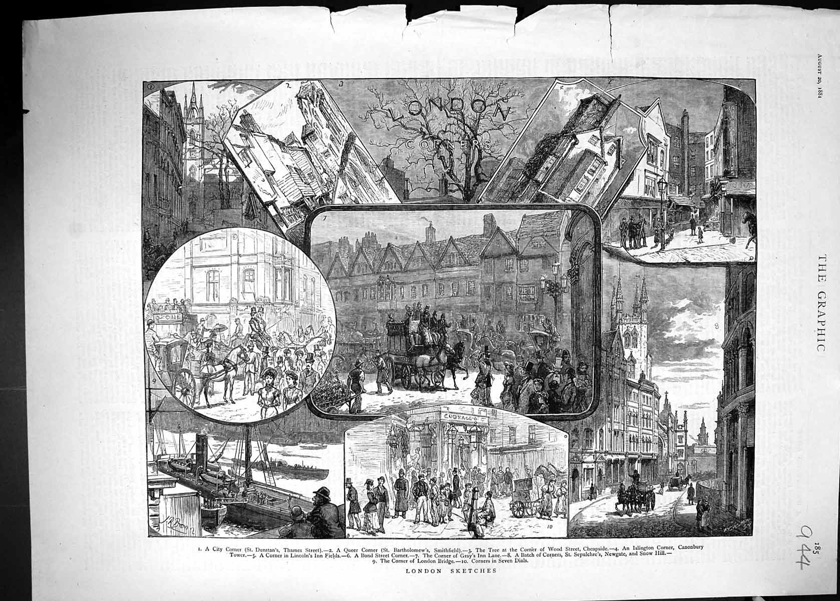 Old Print 1881 London Bartholomew Smithfield Islington Sepulchre Newgate 19th