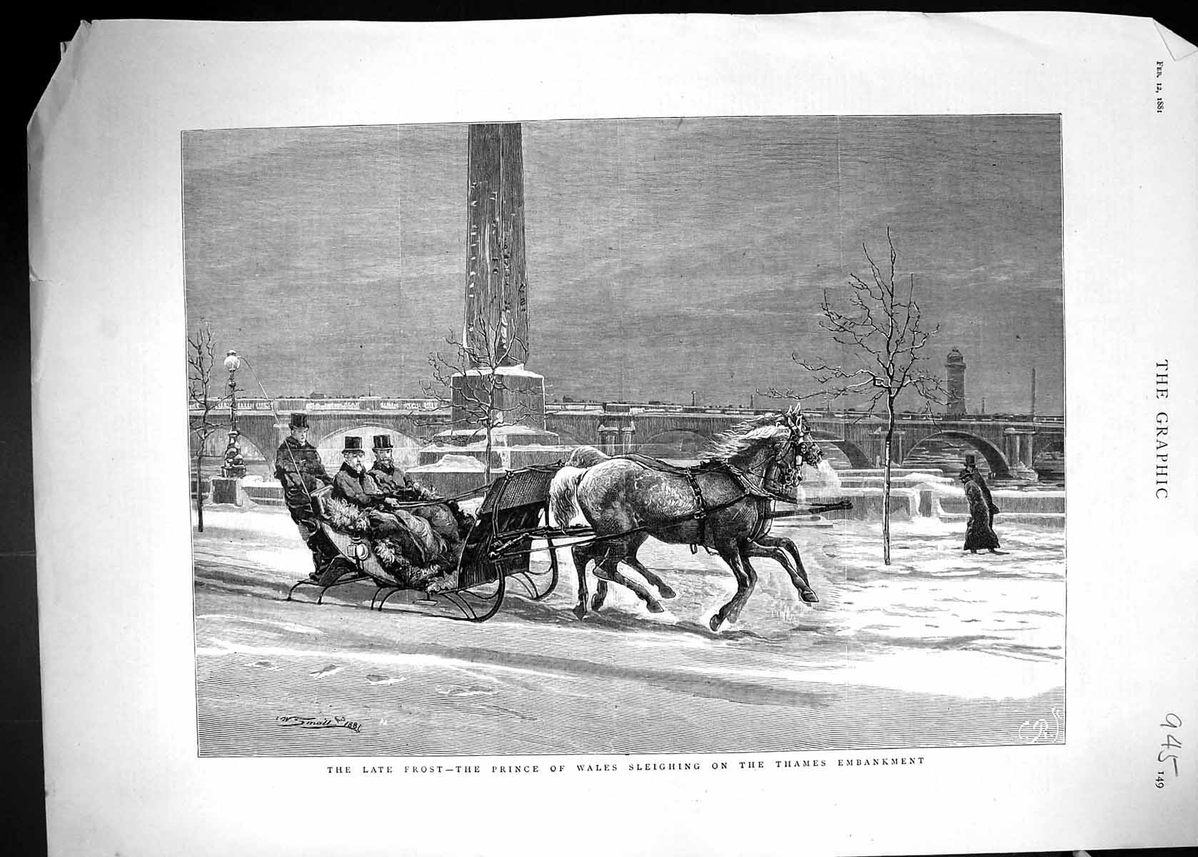 Old 1881 Prince Wales Sleighing Thames Embankment London Winter Scene Victorian