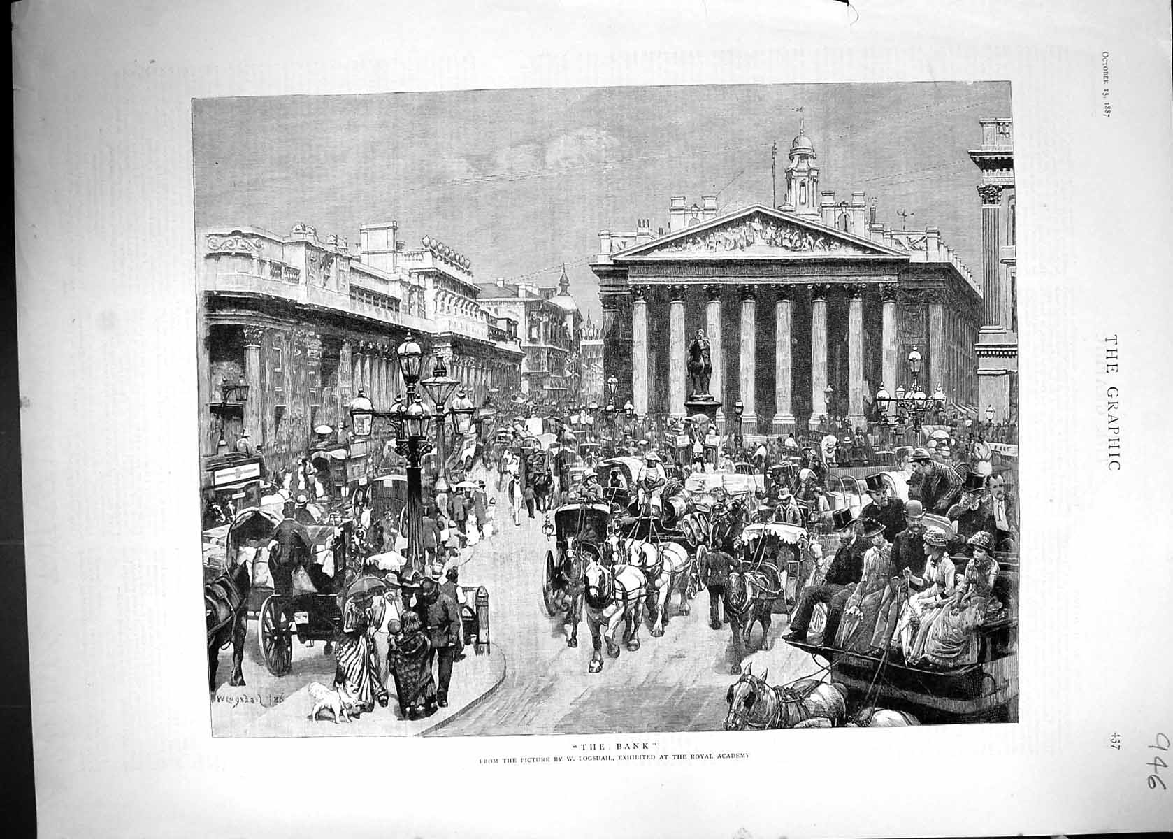 Antique Print 1887 Street Scene Outside Bank Building Architecture Logsdail