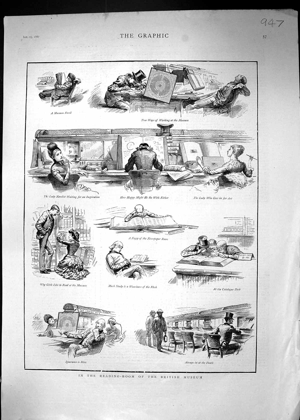 Old Print 1887 Reading Room British Museum Lady Novelist Catalogue Desks 19th