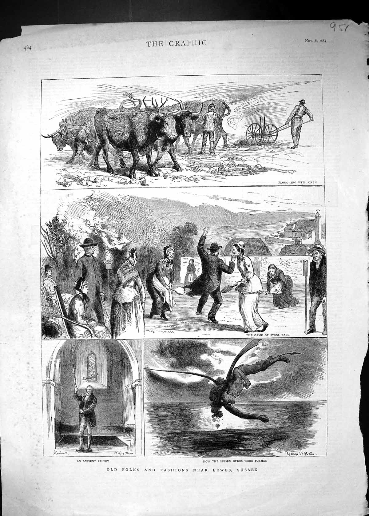 Old 1884 Folks Fashion Lewes Sussex Oxen Ploughing Stool Ball Belfry Victorian