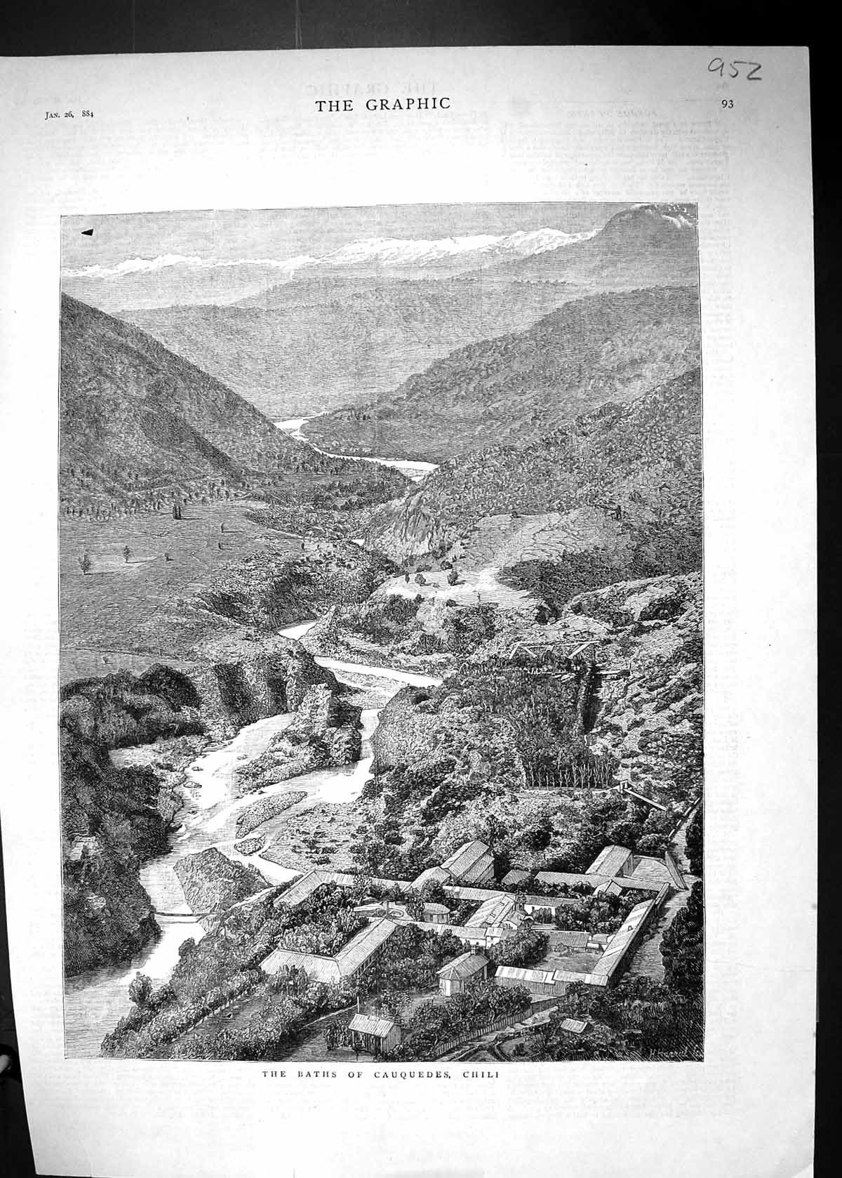 Old Antique Print 1884 Mountain View Baths Cauquedes Chili South America 19th