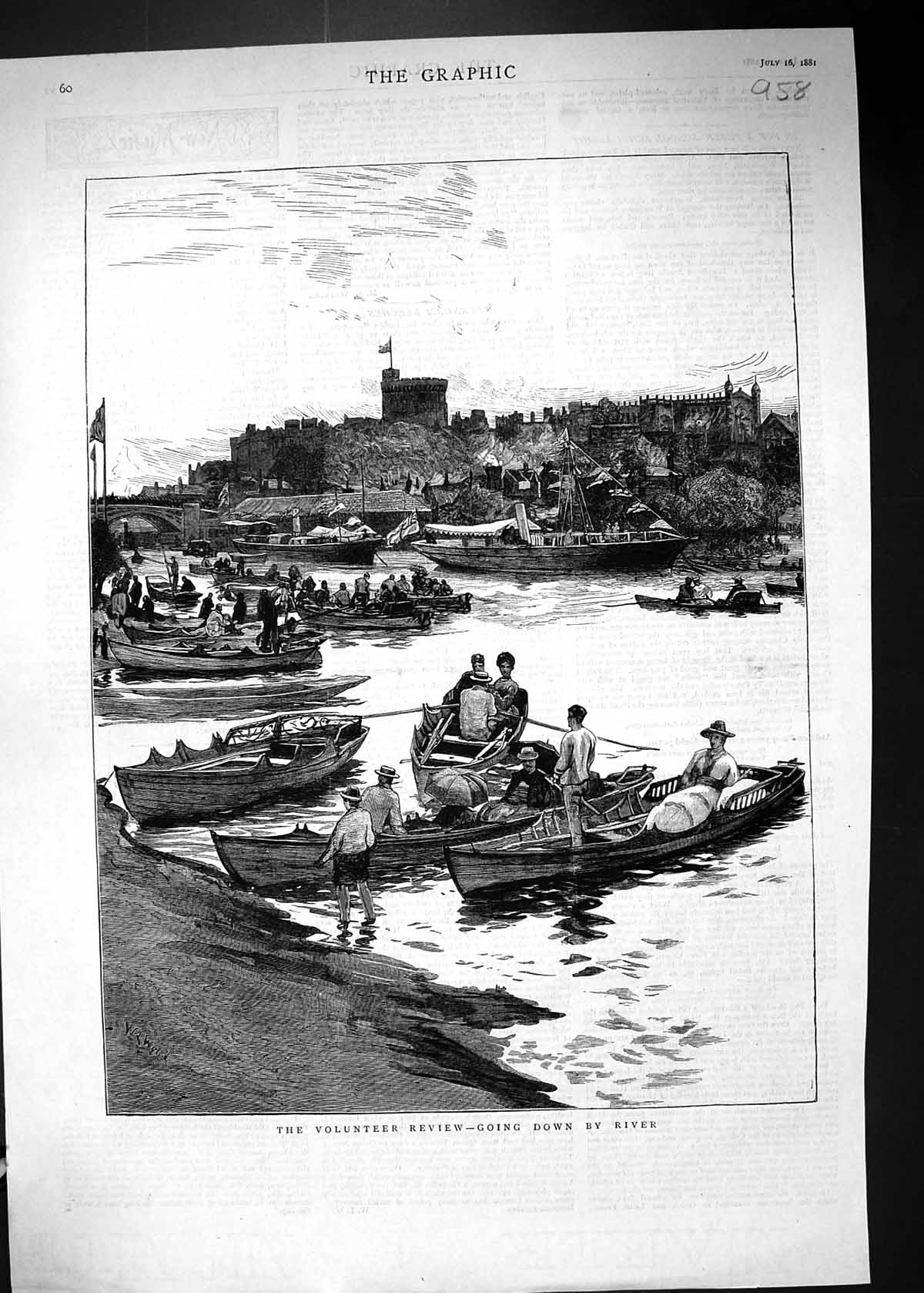 Old Print 1881 Volunteer Review River Boats Thames Windsor Castle London 19th