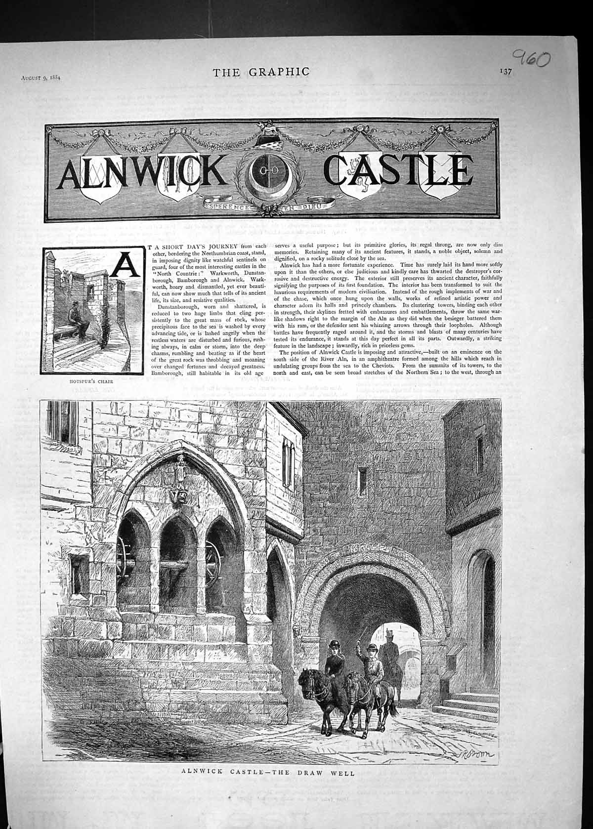 Antique Old Print 1884 Draw Well Alnwick Castle Hotspur'S Chair Architecture